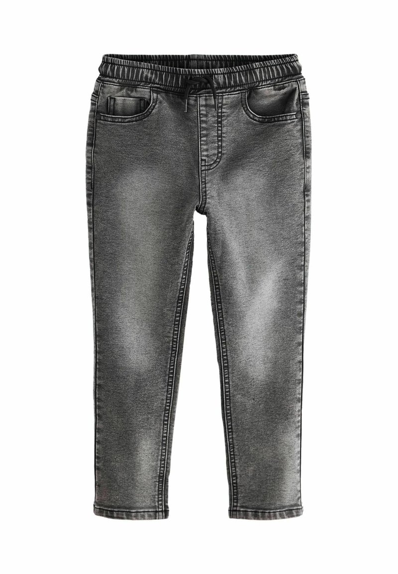 Jean noir et gris délavé à taille élastique avec poches avant, l'une contenant un petit portefeuille ou un téléphone, sur fond blanc.