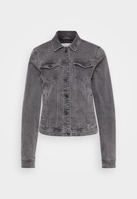 Veste en denim gris avec un col classique, des manches longues, deux poches poitrine, une fermeture par boutons et un léger effet usé sur le tissu.