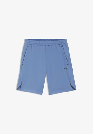Lichtblauwe heren shorts met elastische taille, zijzakken, een klein zwart BOSS-logo op het rechterbeen en reflecterende details bij de zakken en zoom.