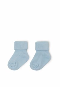 Světle modré bavlněné ponožky pro miminka s ribovanými lemy, vyznačující se jemnou texturou a jednoduchým designem. Vhodné pro kojence.