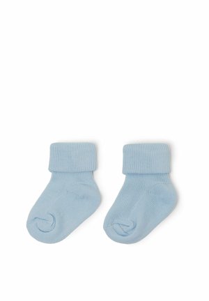 Calzini per neonati in cotone blu chiaro con polsini a costine, caratterizzati da una consistenza morbida e un design semplice. Adatti per i neonati.