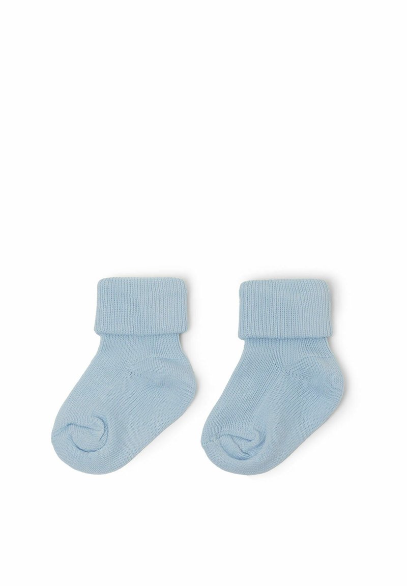 Světle modré bavlněné ponožky pro miminka s ribovanými lemy, vyznačující se jemnou texturou a jednoduchým designem. Vhodné pro kojence.