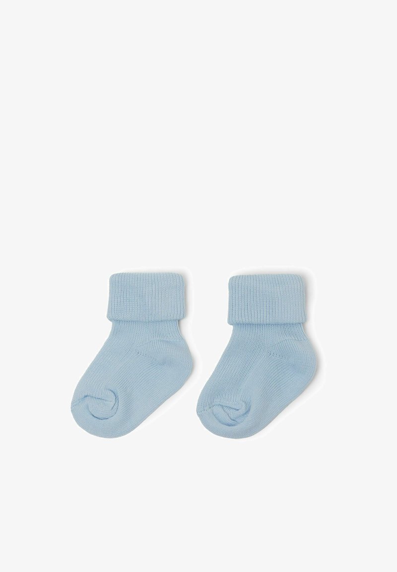 Světle modré bavlněné ponožky pro miminka s ribovanými lemy, vyznačující se jemnou texturou a jednoduchým designem. Vhodné pro kojence.