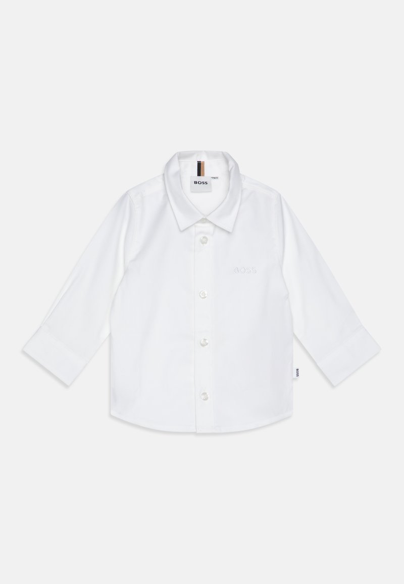 Witte lange mouwen shirt van katoen, met een knoopsluiting aan de voorkant, een klassieke kraag en subtiele logo borduursels op de borst.