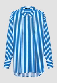 Modrá a bílá pruhovaná košile s dlouhým rukávem, špičatým límcem, knoflíkovým zapínáním a manžetami. Hladká látka, rovný střih, zakulacený lem.