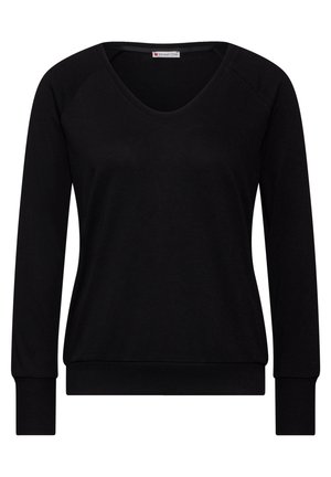 Sort langærmet damebluse med V-udskæring, ribkant ved ærmerne og en figursyet talje fra Street One.