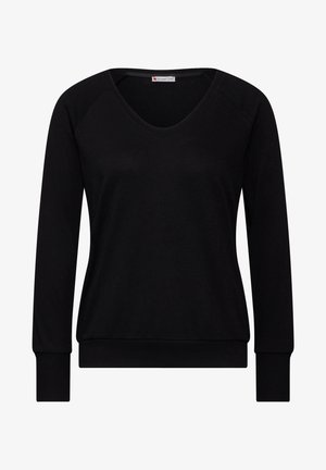 Sort langærmet damebluse med V-udskæring, ribkant ved ærmerne og en figursyet talje fra Street One.