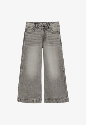 Szerokie dżinsy z szarego denimu z efektem sprania, zapinane na guzik i zamek błyskawiczny, posiadające szlufki na pasek oraz konstrukcję z pięcioma kieszeniami.