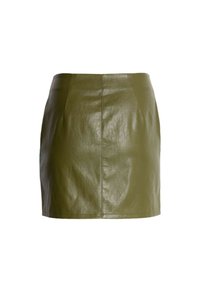 Gonna mini in pelle verde oliva con un design elegante, una texture liscia e linee pulite. Presenta una leggera lucentezza e nessuna chiusura visibile.