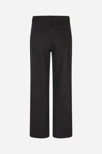 Pantaloni larghi neri in cotone con tasche posteriori e una texture liscia. La vista posteriore mostra i dettagli della vita e delle cuciture.