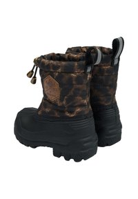 Bottes d'hiver imperméables noires avec une tige marron à motifs. Elles disposent d'un col rembourré, d'une fermeture à cordon et d'une semelle en caoutchouc antidérapante.