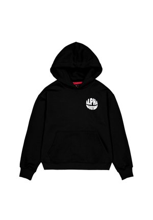 Black hoodie with a kangaroo pocket and ribbed cuffs. Features white "ALPHA INDUSTRIES" logo on the left chest. Soft fabric, casual design.