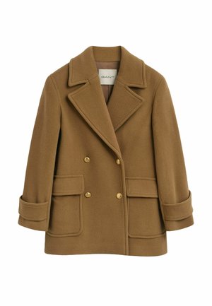 Brown wool coat with double-breasted front, large lapels, and gold buttons. Features two front pockets and rolled cuffs. Soft texture.