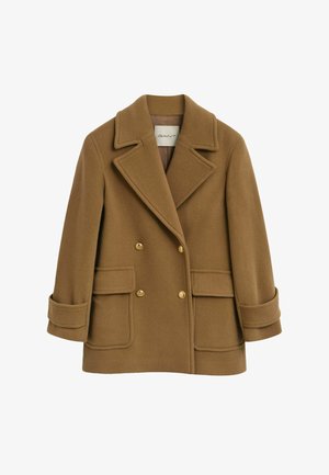 Brauner Wollmantel mit doppelt knöpfbarem Vorderteil, großen Revers und goldenen Knöpfen. Verfügt über zwei Vorderaschen und aufgerollte Ärmel. Weiche Textur.