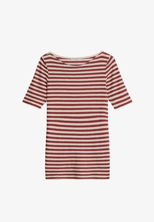 Rood-wit horizontaal gestreept T-shirt met korte mouwen en een boothals, plat neergelegd op een witte achtergrond.