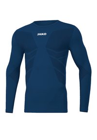 Maglietta sportiva a maniche lunghe di colore blu navy. Caratterizzata da un design aderente con dettagli testurizzati e scollatura rotonda. Logo visibile sul petto.