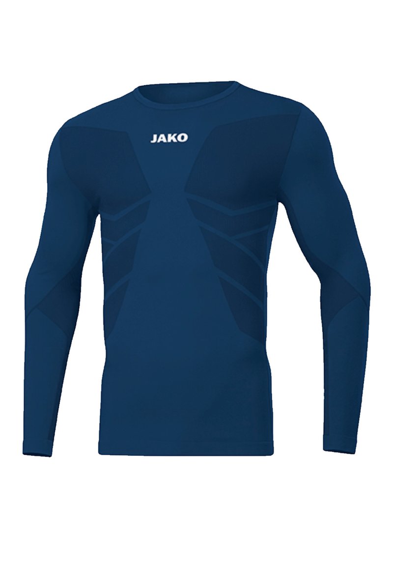 Maglietta sportiva a maniche lunghe di colore blu navy. Caratterizzata da un design aderente con dettagli testurizzati e scollatura rotonda. Logo visibile sul petto.