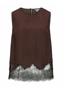 Top senza maniche marrone con scollatura rotonda; presenta un orlo scallop e bordo in pizzo nero nella parte inferiore per una maggiore texture e dettaglio.