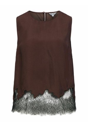 Pruun ilma varrukateta pluus ümmarguse kaelusega; sellel on laineline äär ja must pitsäär allosas, mis lisab tekstuuri ja detaile.