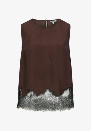 Bruine mouwloze top met een ronde halslijn; heeft een gegolfde zoom en zwarte kantafwerking onderaan voor extra textuur en detail.