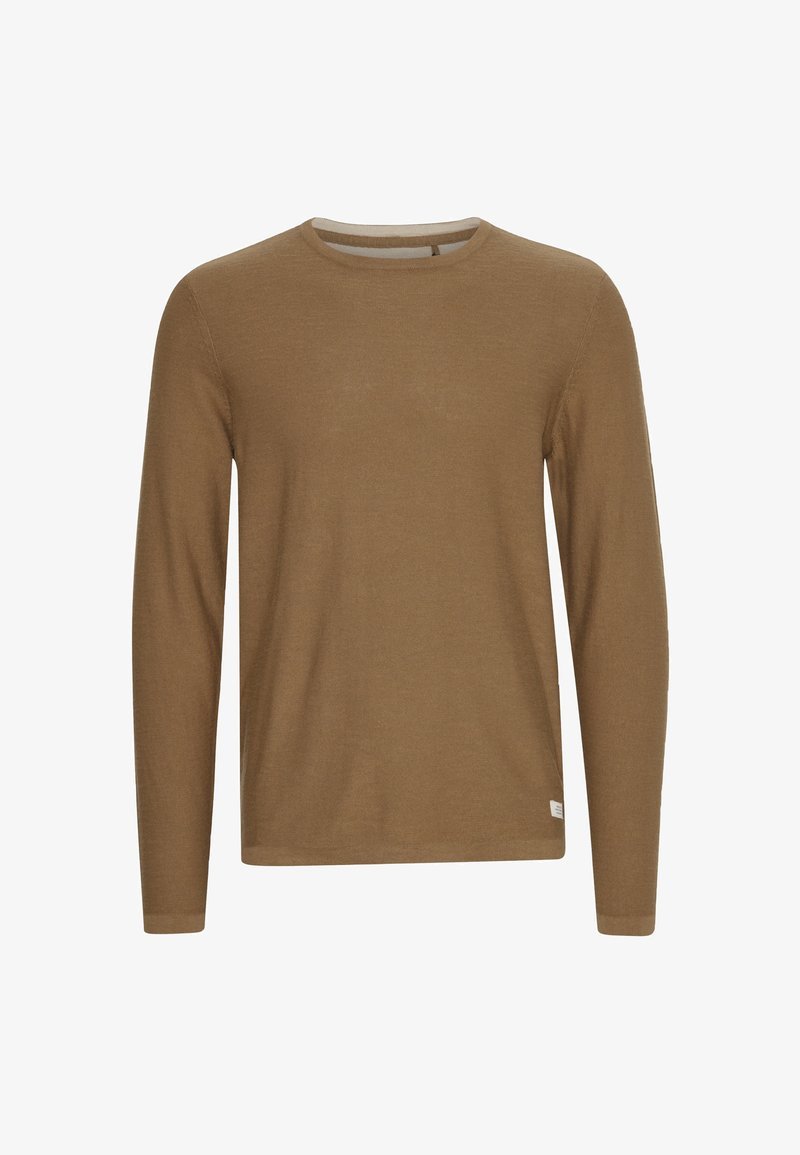 Braunes Langarmshirt aus weichem Stoff mit rundem Ausschnitt und geradem Schnitt. Mit einem kleinen Etikett auf der unteren Vorderseite.