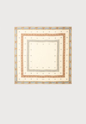 Ruutpael siidist sall kreemika taustaga, kaunistatud siniste ja roostevärviliste mustriliste äärega ning väikeste ümmarguste motiividega.