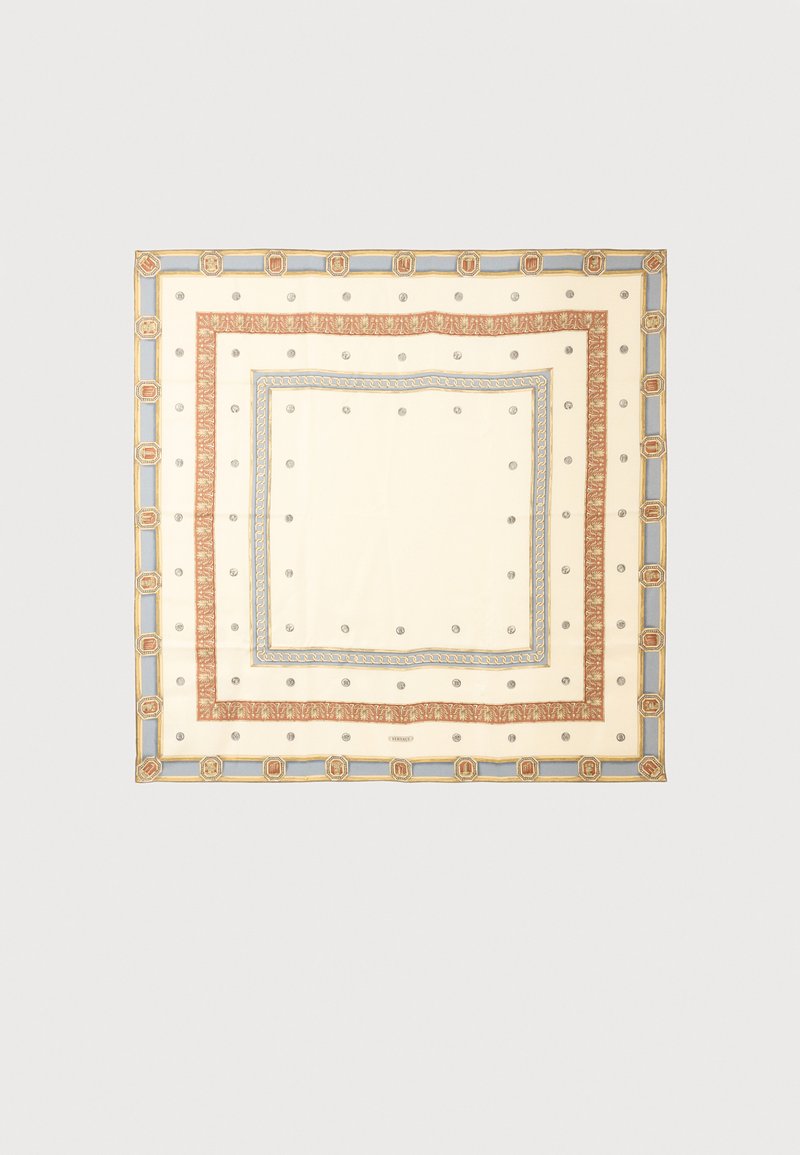 Τετράγωνο μαντήλι από μετάξι με κρεμ φόντο, διακοσμημένο με μπλε και σκουροκάστανα περίτεχνα σύνορα και μικρά κυκλικά μοτίβα.