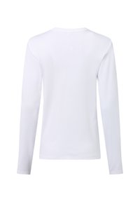 Ein schlichtes weißes Langarmhemd, von hinten gezeigt, mit rundem Halsausschnitt und ohne sichtbares Design oder Textur.