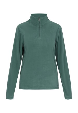 Grøn fleece-pullover med kvart-zip krave, lange ærmer og en glat tekstur. Enkelt design uden synlige mønstre eller detaljer.