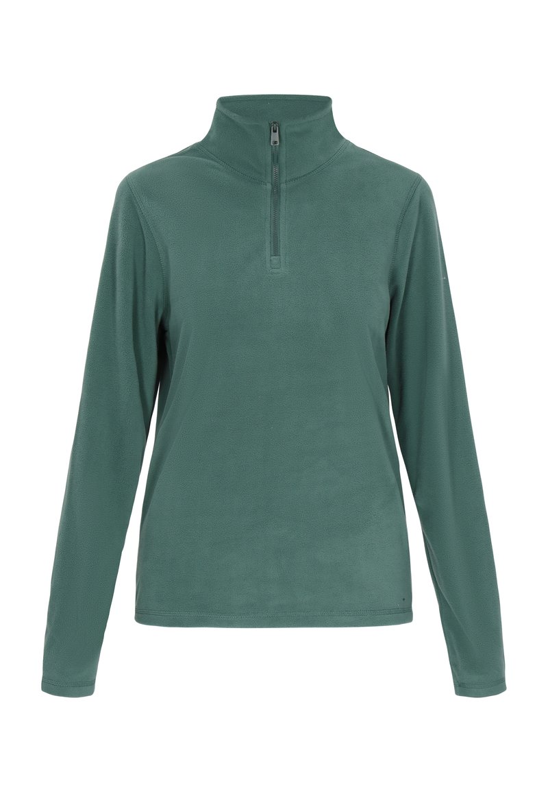 Groene fleece pullover met een kwart-rits halslijn, lange mouwen en een gladde textuur. Eenvoudig ontwerp zonder zichtbare patronen of accenten.
