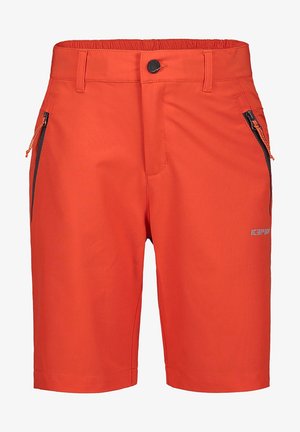 Shorts orange vif jusqu'aux genoux avec poches latérales zippées noires, passants de ceinture et fermeture à bouton à la taille.