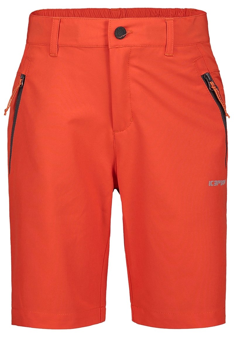 Helle orange knielange Shorts mit schwarzen Reißverschlusstaschen an den Seiten, Gürtelschlaufen und einem Knopfverschluss in der Taille.