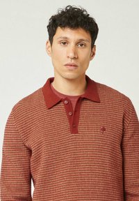 Junger Mann mit lockigem dunklem Haar, der ein rot karriertes Langarm-Polohemd mit einem einfarbigen roten Kragen und drei Knöpfen trägt.