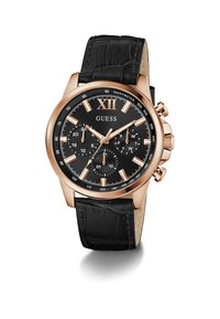 Montre chronographe avec un bracelet en cuir noir, un boîtier en acier inoxydable rose doré, un cadran noir et des accents blancs. Comprend plusieurs sous-cadrans.