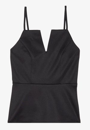 Black sleeveless top with a V-neck design, featuring a fitted bodice, smooth texture, and thin adjustable straps.