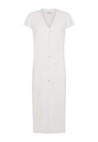 Weißes Leinen-Midikleid mit V-Ausschnitt, kurzen Ärmeln, durchgehender Knopfleiste und gerader Silhouette. Weiche Textur und minimalistisches Design.