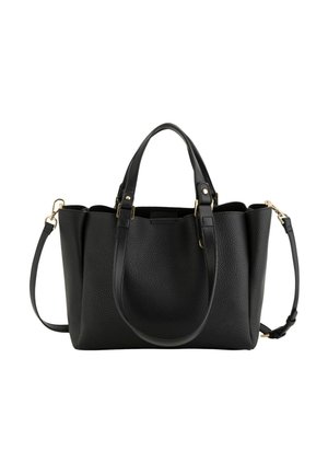 Schwarze Einkaufstasche aus strukturiertem Leder mit zwei Griffen und abnehmbarem Schulterriemen, akzentuiert mit goldfarbenen Beschlägen.