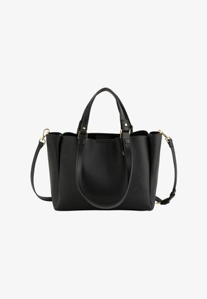 Bolso tote de cuero negro texturizado con dos asas y correa de hombro desmontable, decorado con herrajes en tono dorado.