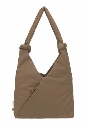 Sac d'épaule matelassé marron avec extrémités de sangle nouées, poche zippée diagonale à l'avant et petit logo LASSIG en bas à droite.
