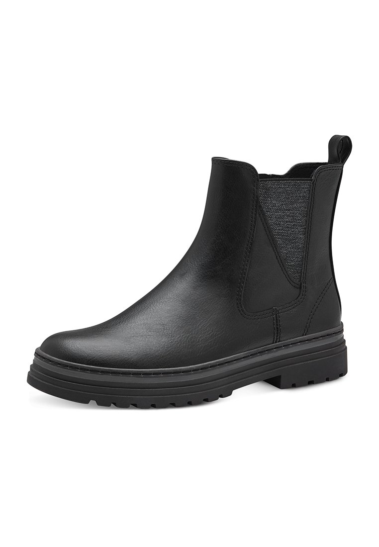 Botte Chelsea en cuir noir avec panneaux élastiques sur les côtés, une languette au talon et une semelle épaisse à nervures.
