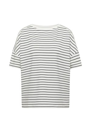T-shirt blanc à manches courtes avec des rayures horizontales noires, col rond et coupe décontractée.