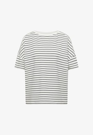 Hvid kortærmet t-shirt med sorte, vandrette striber, rund halsudskæring og løs pasform.