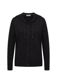 Schwarze Strickjacke mit Kapuze, Knopfverschluss und Kordelzügen. Hergestellt aus einem strukturierten Stoff mit einem weichen Finish. Lange Ärmel und gerippter Saum.