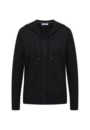 Cardigan negro con capucha, cierre de botones y cordones. Fabricado con una tela texturada de acabado suave. Manga larga y bajo acanalado.