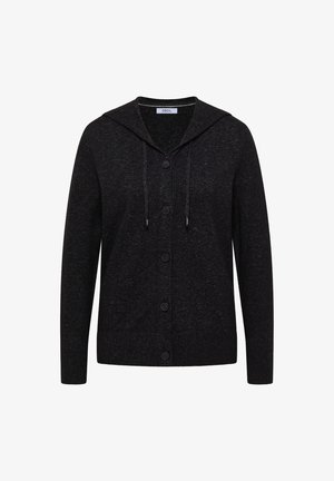 Cardigan negro con capucha, cierre de botones y cordones. Fabricado con una tela texturada de acabado suave. Manga larga y bajo acanalado.