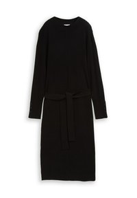 Schwarzes, ribbeltes Langarmkleid mit rundem Halsausschnitt, tailliertem Gürtel und Knopfdetails an den Manschetten. Glatte Textur und gerade Silhouette.