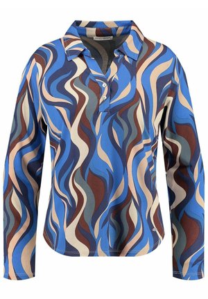 Langærmet skjorte med krave, knaplukning og bølget abstrakt mønster i blå, brun, beige og grå toner.