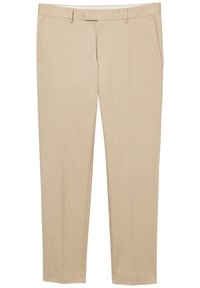 Pantaloni beige con design a gamba dritta, dotati di una parte anteriore piatta, due tasche laterali e una superficie in tessuto liscia.