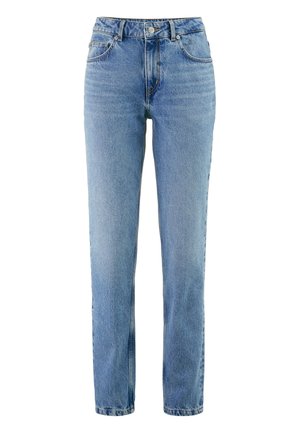 Lichtblauwe denim jeans met een rechte pasvorm, hoge taille, vijf zakken en contrasterende stiksels. Zachte textuur, minimale slijtage.
