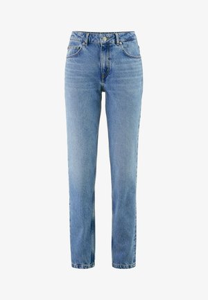 Hellblaue Jeans mit geradem Schnitt, hoher Taille, fünf Taschen und kontrastierenden Nähten. Weicher Stoff, minimale Verwaschung.